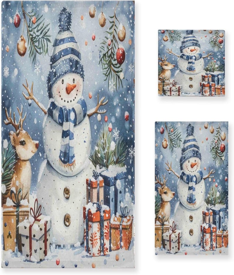 Dussdil Winter Snowflakes Snowman Bathroom Towel Set of 3 Pcs Deer Snow Hand Fingertip Bath Towels for Home Bathroom Hotel Gym Swim Washcloth Soft Thin Durable Highly Absorbent Multipurpose Decor - Image 1